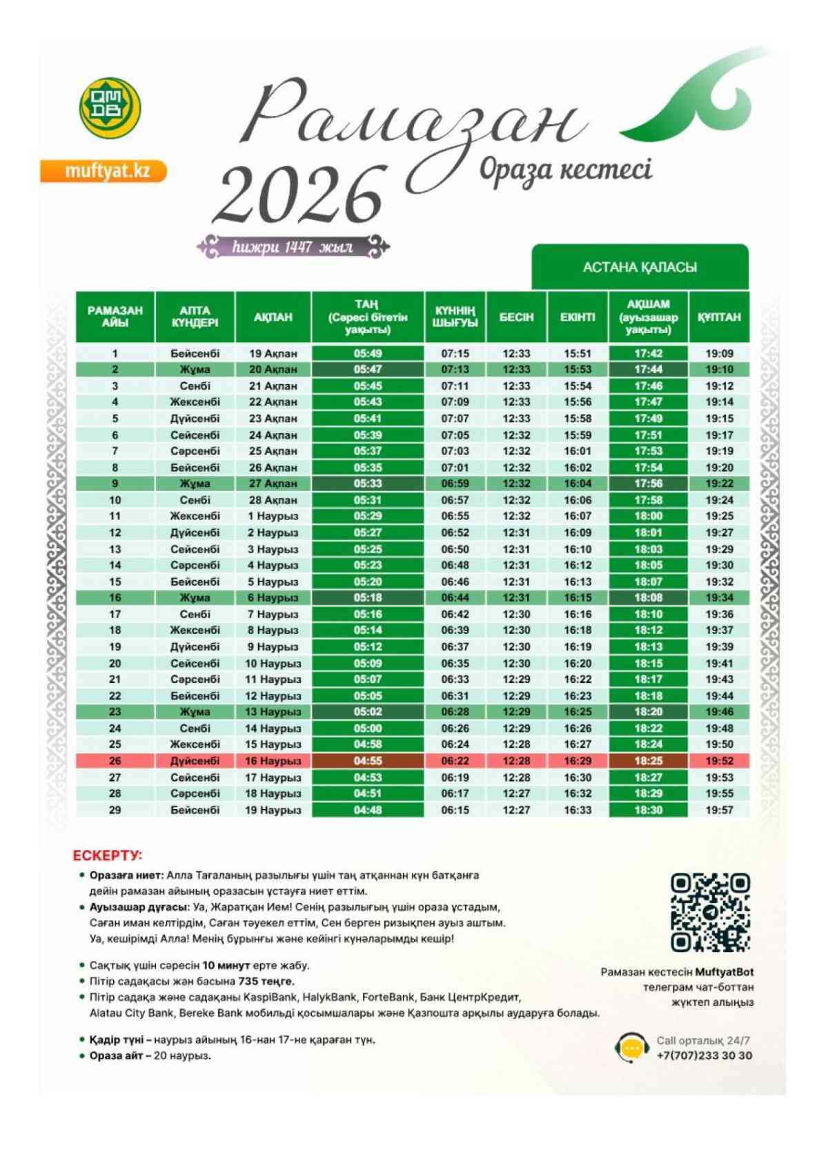 2026 жылдың ораза кестесі жарияланды